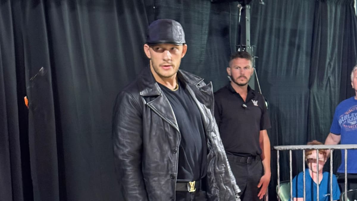 Channing Stacks Lornzo in a leather flat cap and leather jacket