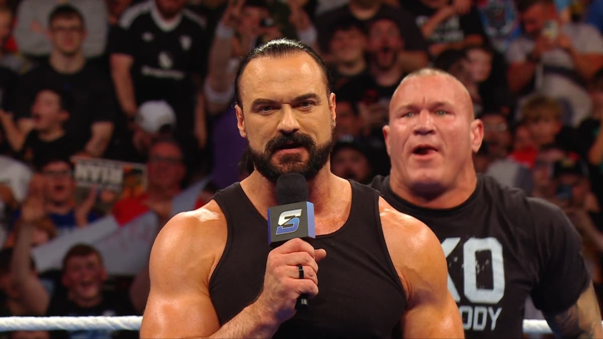 Drew McIntyre cutting a promo as Randy Orton pops up behind him on WWE SmackDown