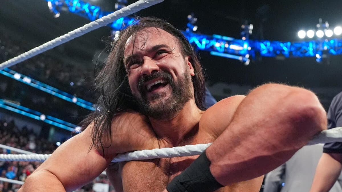WWE star Drew McIntyre smiles after a match on SmackDown in February 2025