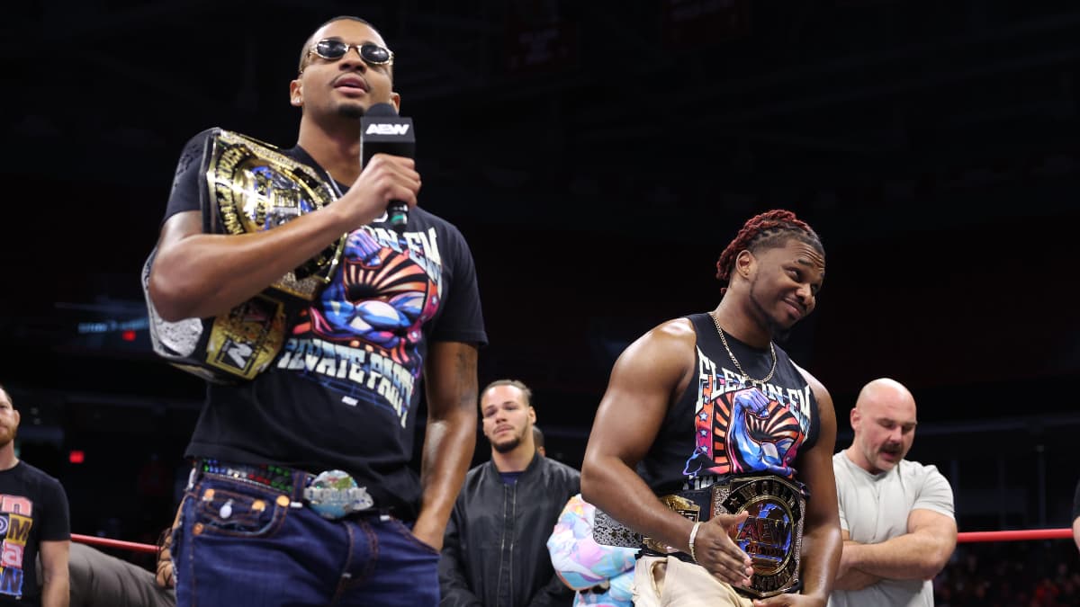 Private Party celebrating their AEW World Tag Team Title win on November 2024 episode of Collision
