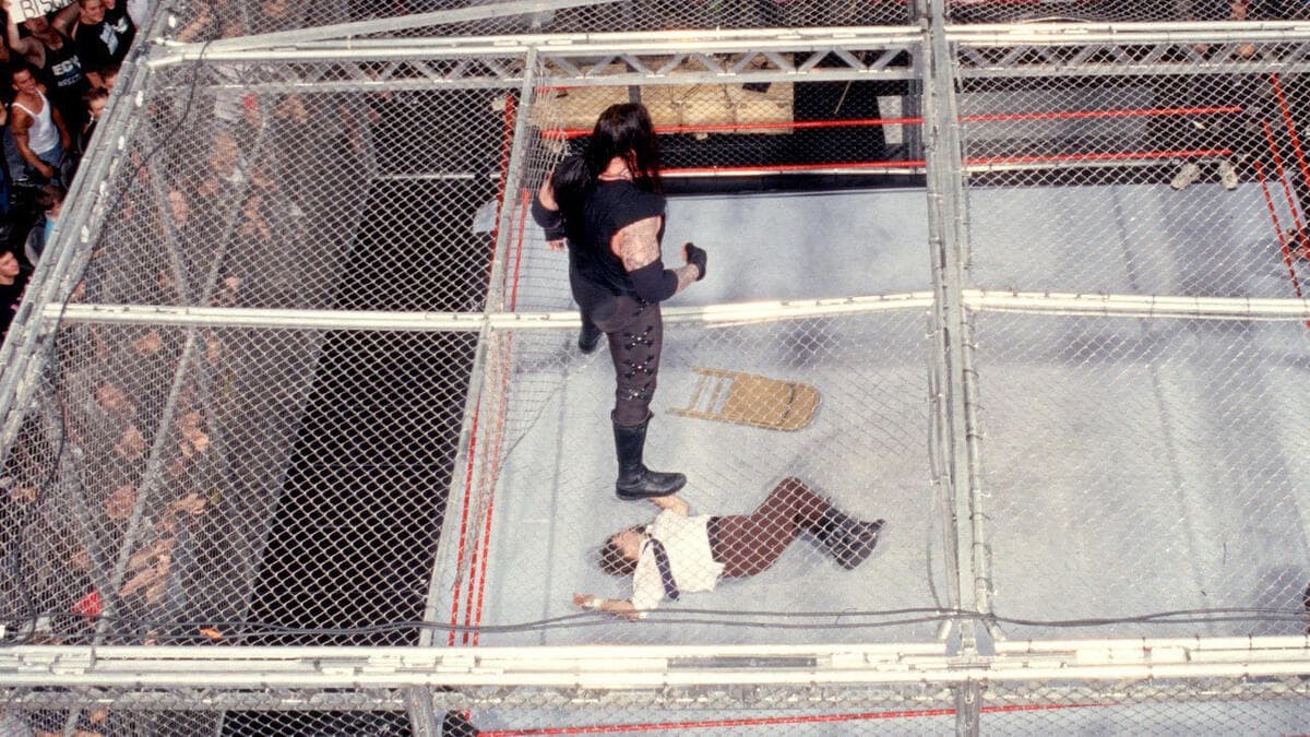 The Undertaker standing on top of Hell in a Cell looking down at Mankind, who is sprawled out on the ring mat 15 ft below. 