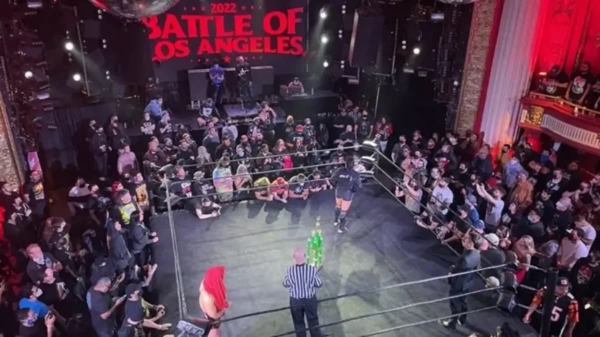 Shot of the PWG BOLA final from above, looking into the ring