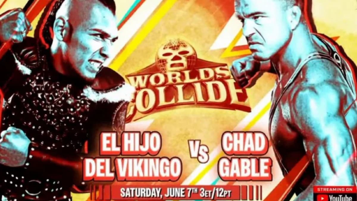 promotional graphic for Vikingo vs Chad Gable at WWE Worlds End