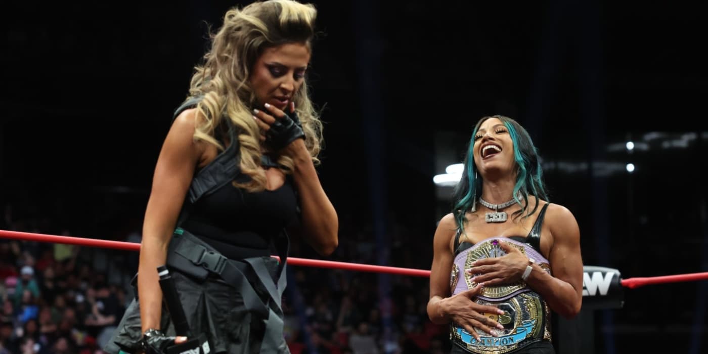 Harley Cameron holding her face as Mercedes Mone laughs