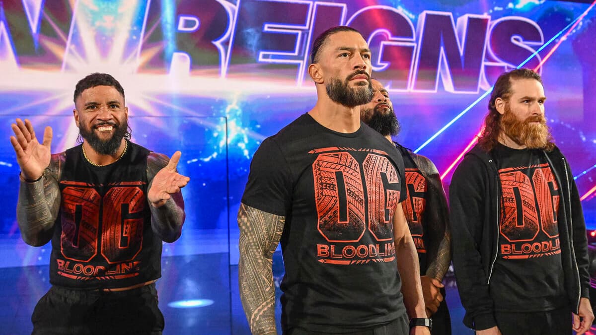 Roman Reigns with OG Bloodline on a November 2024 episode of WWE SmackDown