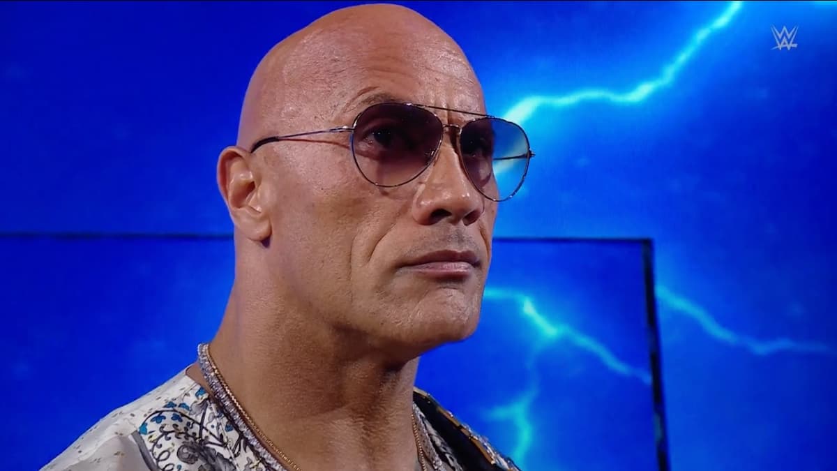 The Rock raising his eyebrow at WWE Bad Blood